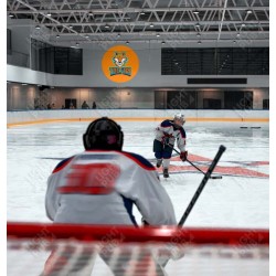 Logo lumineux sponsors projeté sur mur de patinoire